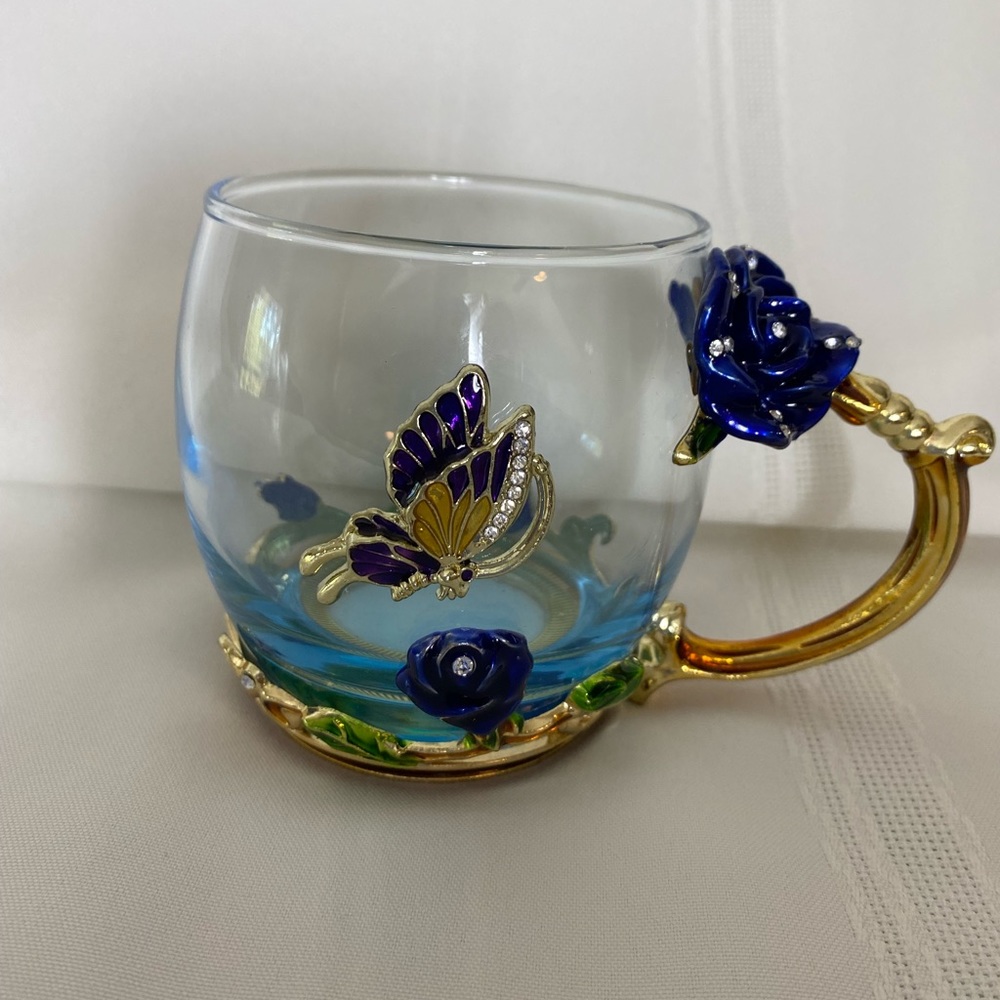 Tea Cup Glass Coffee Mugs Enamel Flower Butterfly- COAWG